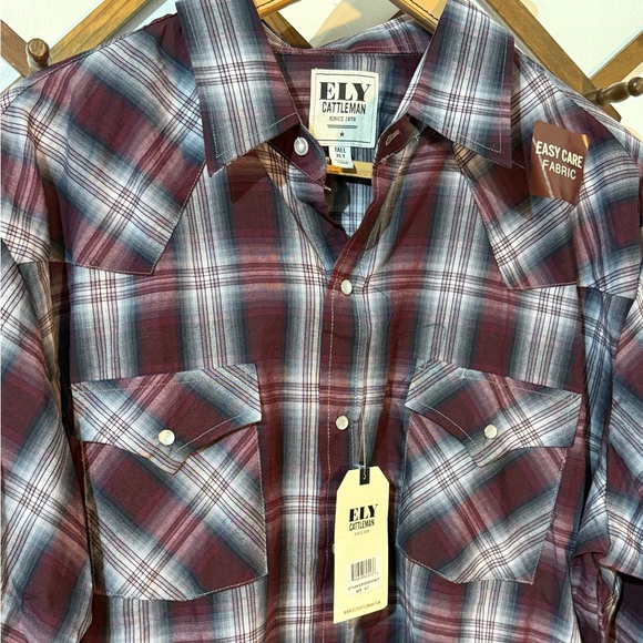 Ely Cattleman Western Shirt Mens XLT gray Blue Plaid Pearl Snap Long Sleeve NWT - Picture 2 of 7